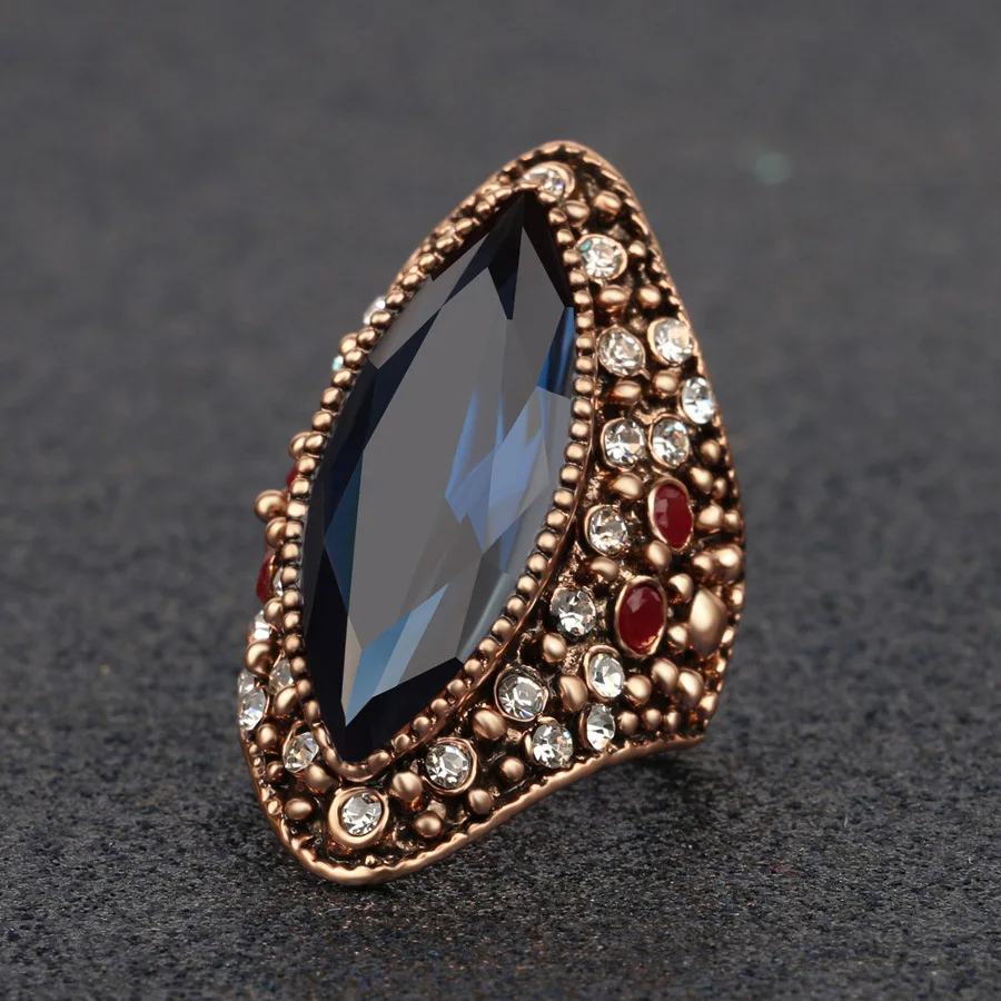 2018 Bohemian Big Crystal Antique Gold Ring Luxury Textured Blue Stone Rings For Women Vintage Turkish Jewelry