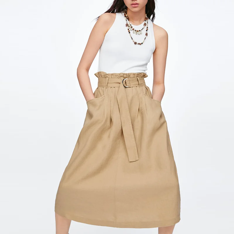 The Latest  Camel 100% Linen Ruffle Elastic Waistband Midi Skirt Ladies