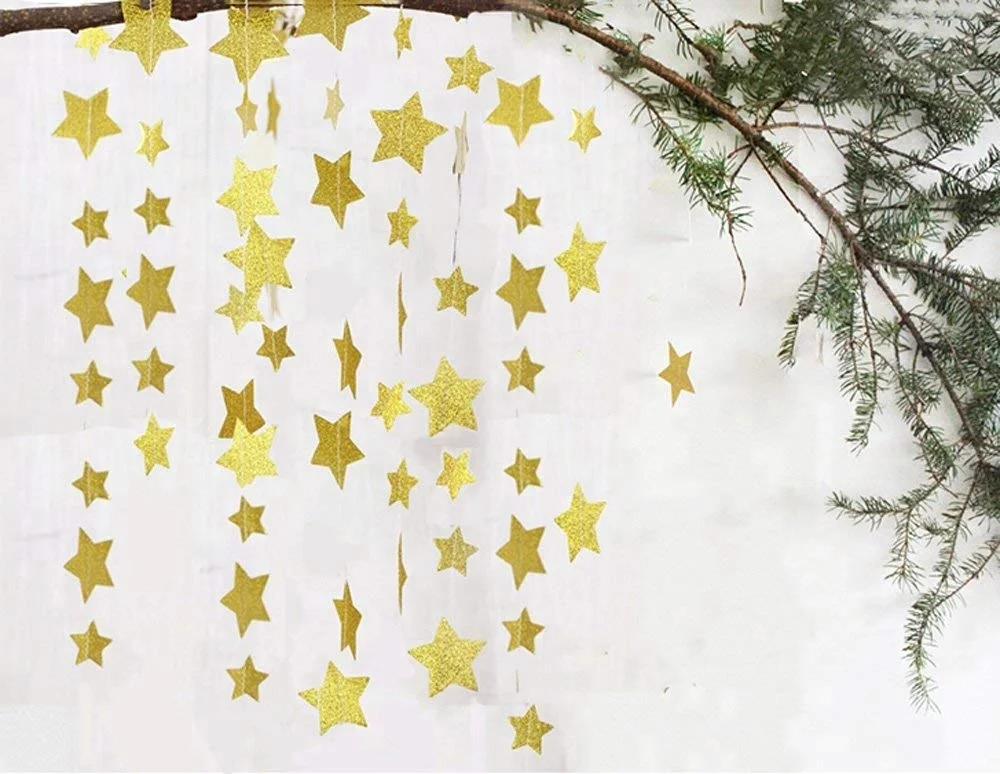 Gold Glitter Sparkling Star Garland Bunting for Baby shower Wedding Party 13 feet 1pcs Hanging Star Sets