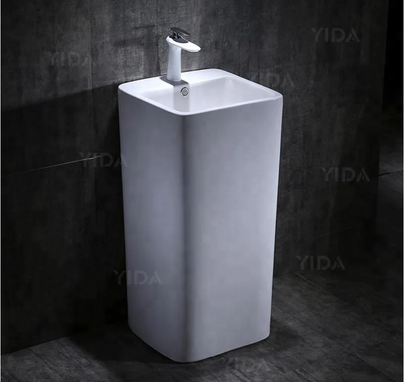 Modern Free Standing Full Ceramic Square Tube Pedestal wash Basins , Home or Business