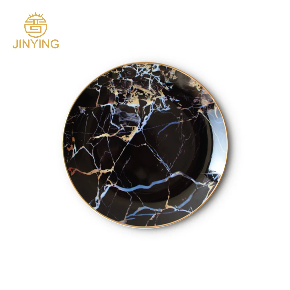 Luxury Wedding Gold Rim Golden Royal Black Marble Opal Dinner Plates Set