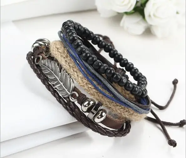 Punk Metal Feather Wood Beads Braclets & Bangles For Men Boy Cool Wristband Fashion Rock Multi Layer feather leather bracelet