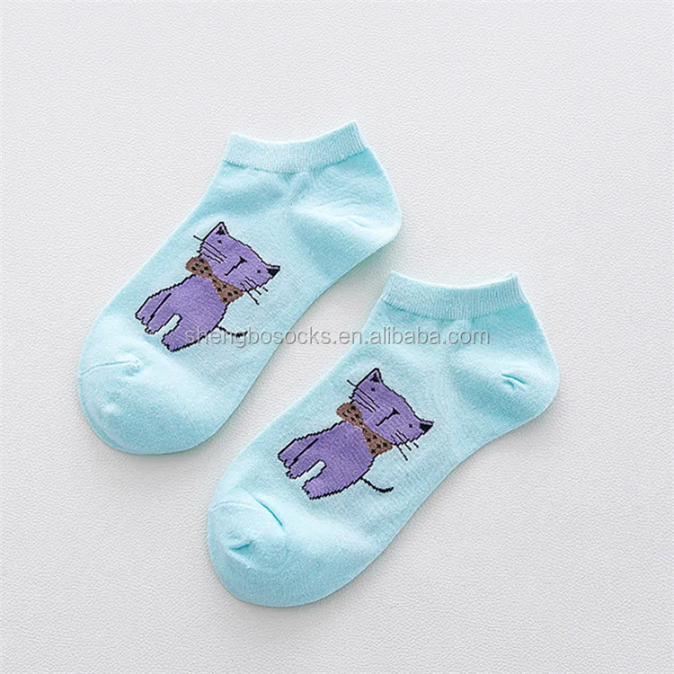 
New arrival Japanese style spring and autumn ladies boat socks, wholesale candy color cartoon cat design cotton ankle socks 
