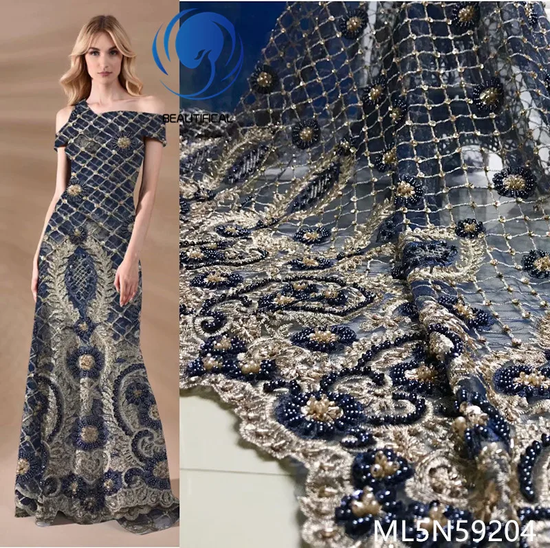 Beautifical embroidery high quality party lace beads tulle luxury wedding fabric ML5N592