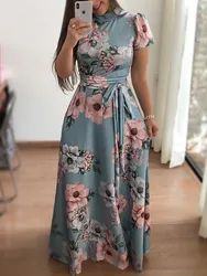 Women Long Maxi Dress 2019 Summer Floral Print Boho Style Beach Dress Casual Short Sleeve Bandage Party Dress Vestidos Plus Size
