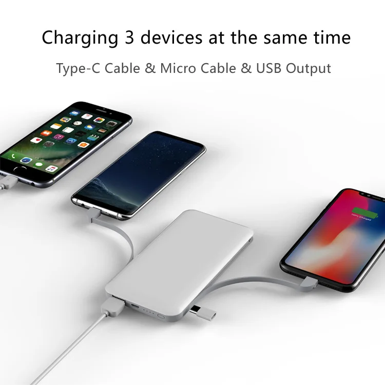 
High quality mobile power bank 10000mah built-in Type-C cable and Micro cable and adapter for iPhone 