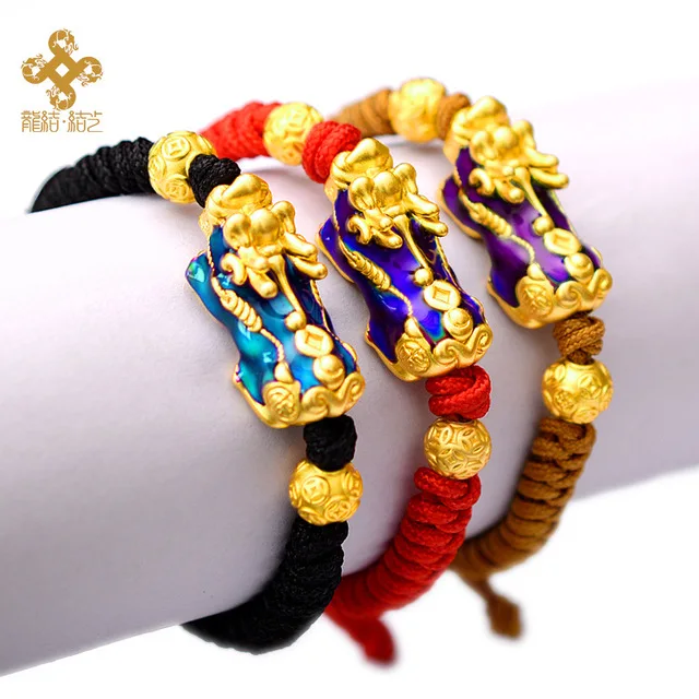 LONGJIE fashion red rope gold-plated  999 silver pixiu bracelet handmade Chinese style jewelry for men