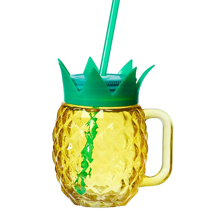 Pineapple shaped drinking glass cup mason jar with handle 12 oz