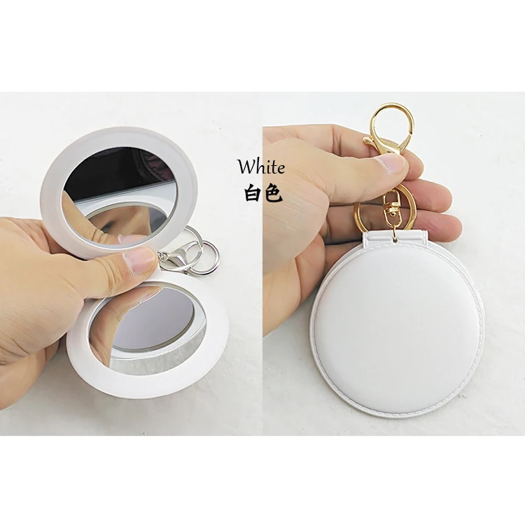 Wholesale In Stock Custom Logo PVC Leather Mirror Keychain Portable Pink Colour Pocket Mirror Keyring