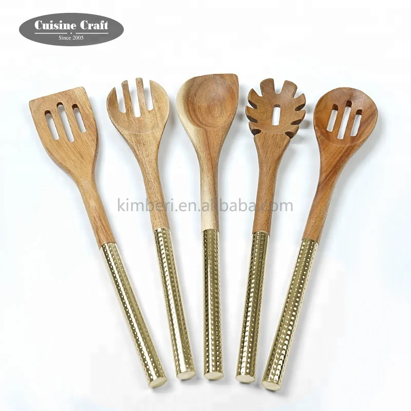Housewares kitchen acacia wood kitchen utensil set with new hammered handle