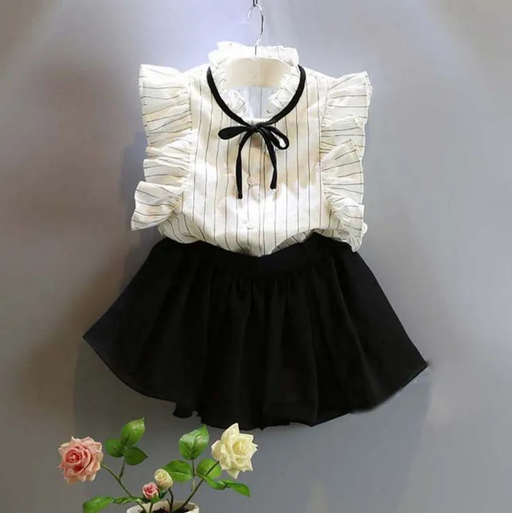 Hao Baby Summer Kids Clothing Baby Girls Clothes Sets Striped Cotton Shirt + Chiffon skirt suit