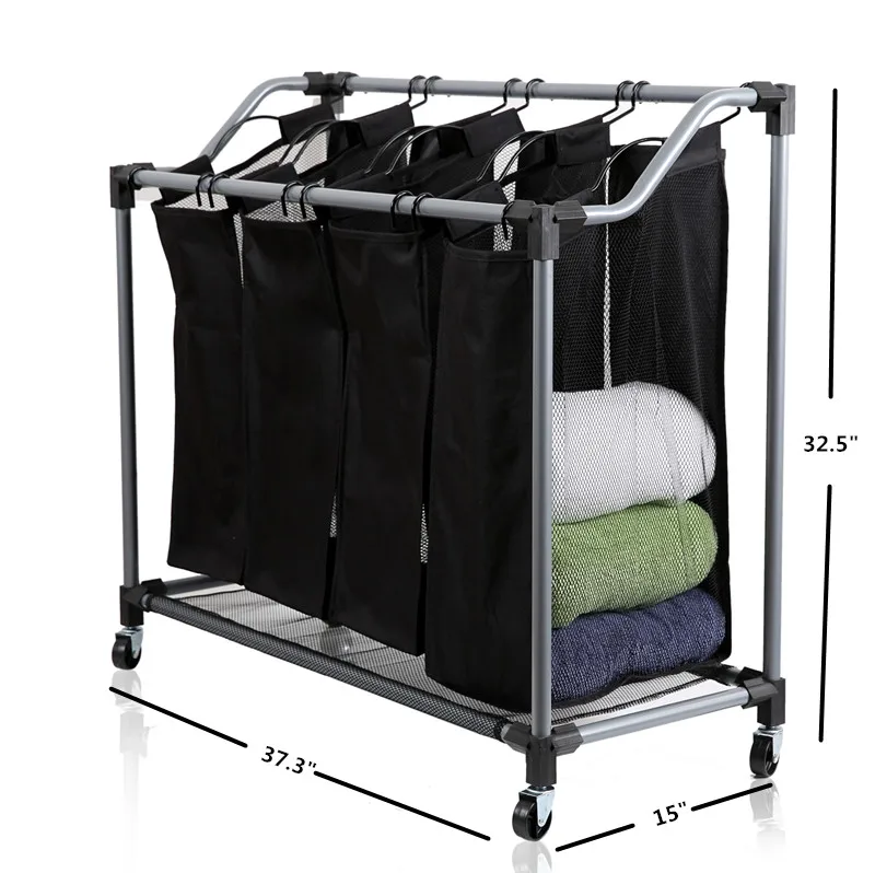 Metal Fabric Hamper Sorter Cart with Wheels Collapsible Laundry Basket Trolley Foldable