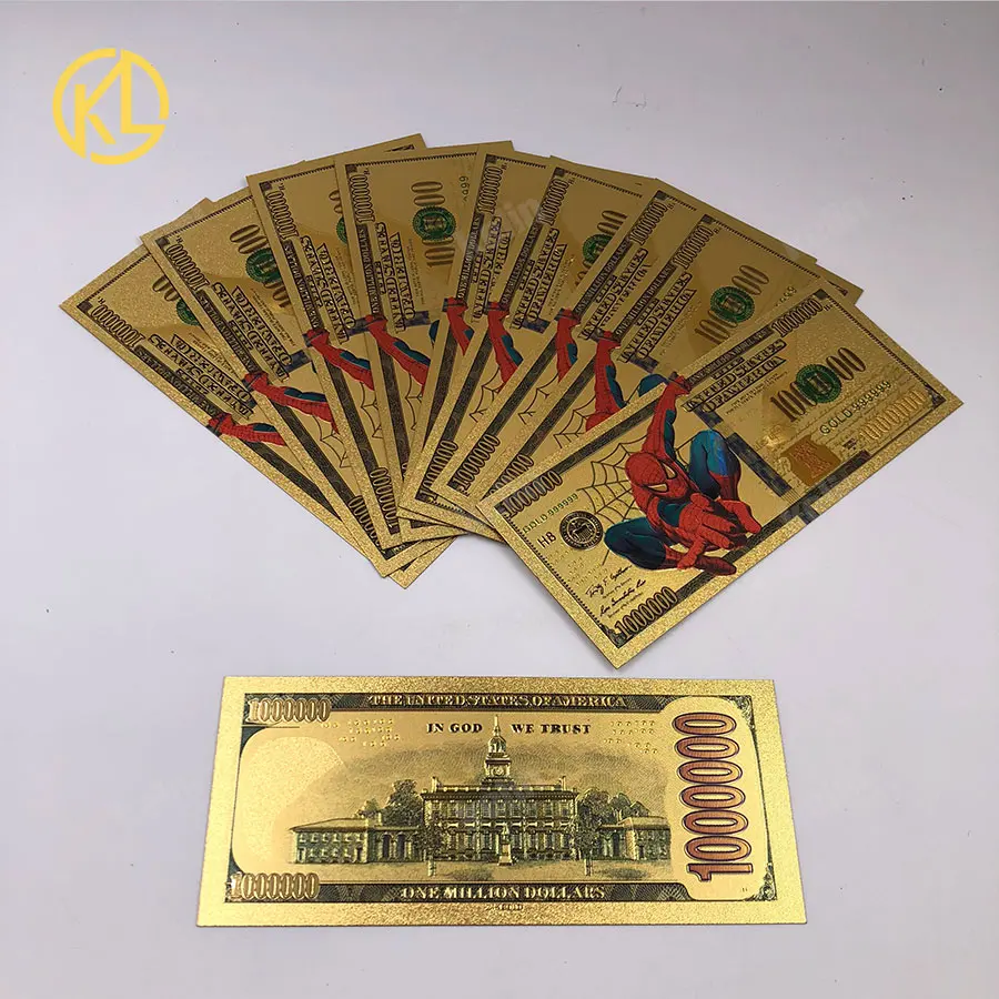 KL 1000000 US dollar Gold 999999 Plastic money Banknote for SpiderMan fans collection and gifts