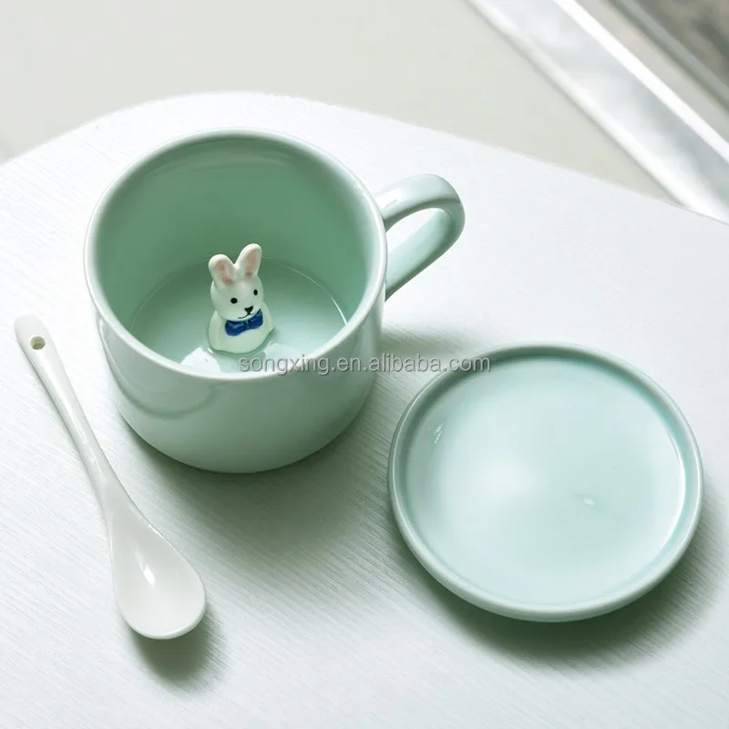 Creative Gift Ceramic Cup Cute Tazas 3D Animal Decoration Cat Rabbit Panda figurine Inside Ceramic Mugs Coffee Water Cup