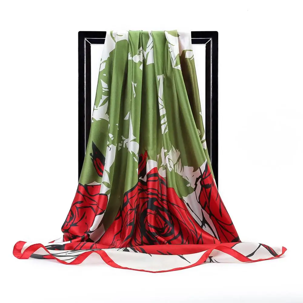 New Silk Scarf for Women Fashion Luxury Brand Floral Painting Shawls Wrap Ladies Hijab Large Square Scarves 90*90cm