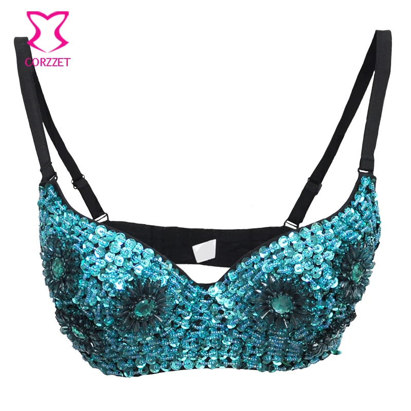 Corzzet Gold Resin Sequined Punk Rock Bra Sexy Women Underwear Party Dance Bra