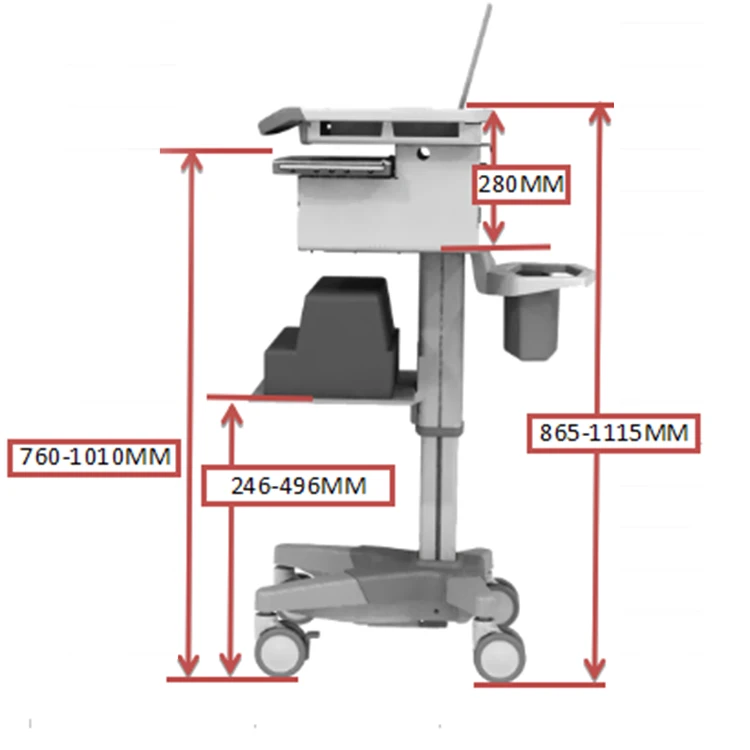 Регулируемая по высоте серая белая медицинская тележка для ноутбука