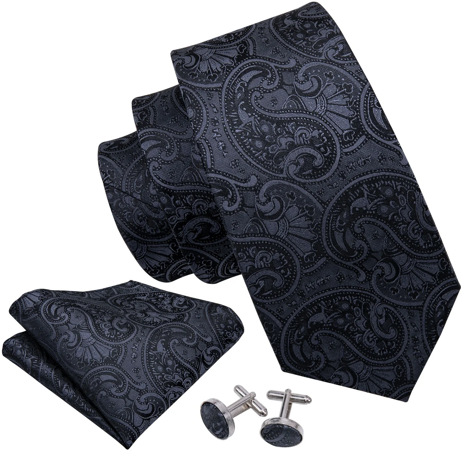 Classic Paisley Jacquard Woven Tie Pocket Square Cufflinks Black Silk Tie Set For Men