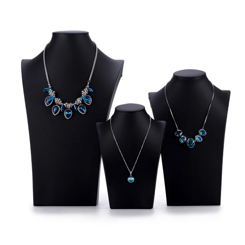 FANXI Custom Black Leather Necklace Pendant Neck Form Display Mannequin Stand For Jewelry Shop Showcase Wooden Necklace Displays