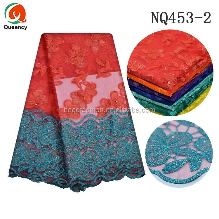 NQ453 Queency Custom African Bridal Embellished French Lace Fabric Tulle Wholesale with Pearls Beads and Stones