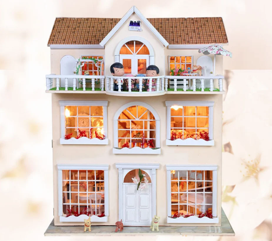 wooden doll house with lights for kids toy