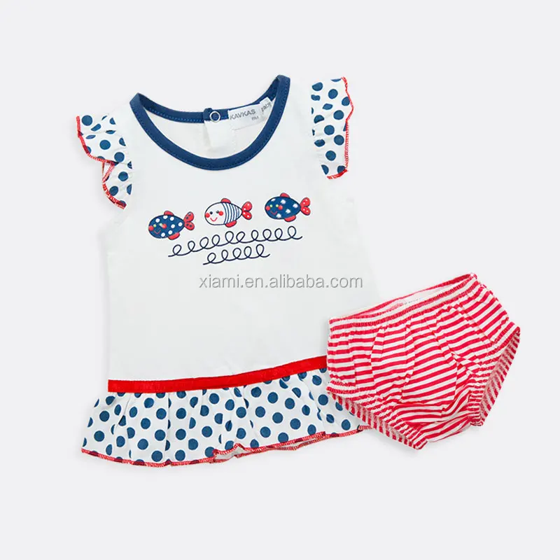 hot saling summer lovely fish pattern blue and black round dot two piece cute baby girl dress