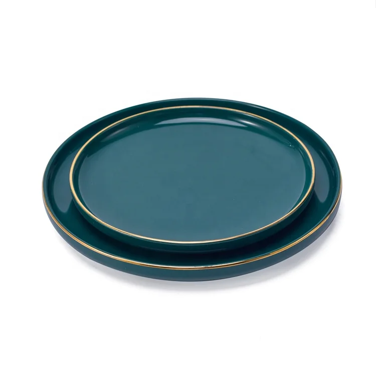 Factory direct sale Chinese restaurant turquoise color gold rimmed crockery ceramic luxury tableware