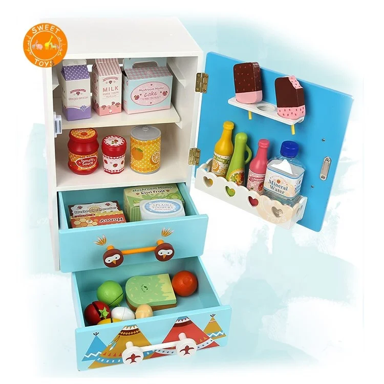 wooden Mini Fridge pretend toy play wooden kitchen set for kids wooden miniature Children refrigerator toys