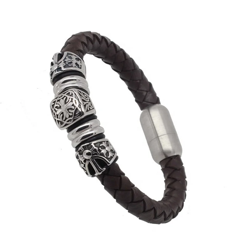 Yudan Jewelry Titanium Steel Cross Religious Jewelry Leather Bracelet