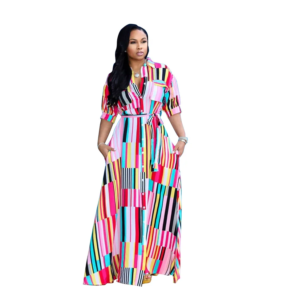Wholesale women casual fashion striped button up maxi dress TC836