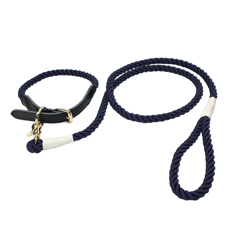Factory Quality Custom Braid Rope Leash with Real Leather rope pet Collar Set Organic Cotton Rope Or Polyester Pet supplies set