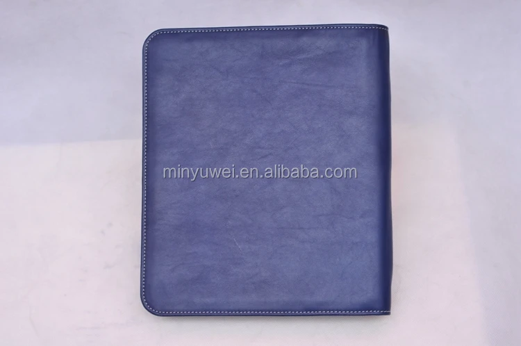
fashion blue leather Business portfolio A4 genuine leather portable briefcase zip around a4 file folder office gifts 