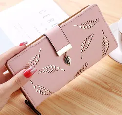 Betterbag Long fashion Clutch bag Hollowing out Leaf Sequined decorative zipper Hasp leather women clutch wallet