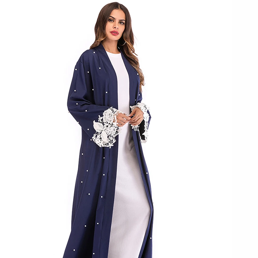 Beading Pearl Lace Kimono Cardigan Muslim Hijab Dress Turkish Islamic Clothing Plus Size Robe Malaysia Abaya Dubai Kaftan Women