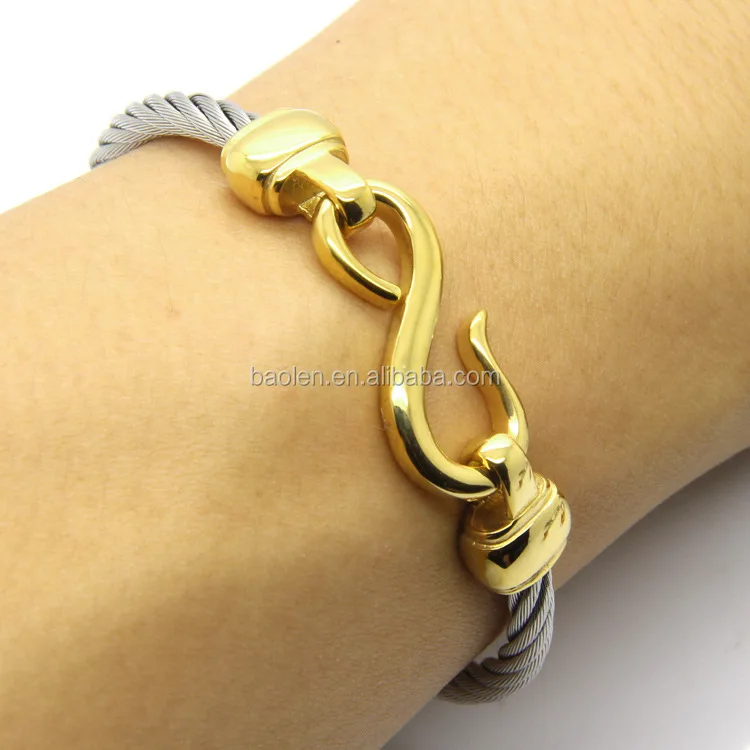 Stainless Steel Women Men Fishhook Angle Twist Buckle Cable Wire Bangle Magnet Bracelet