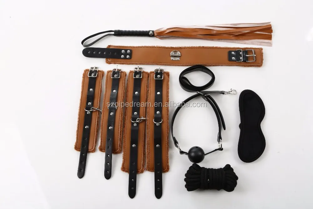 Sex Bondage Fetish BDSM Roleplay Handcuffs Whip Rope Blindfold Ball Gag with PU Leather Slave Bondage Kit Set
