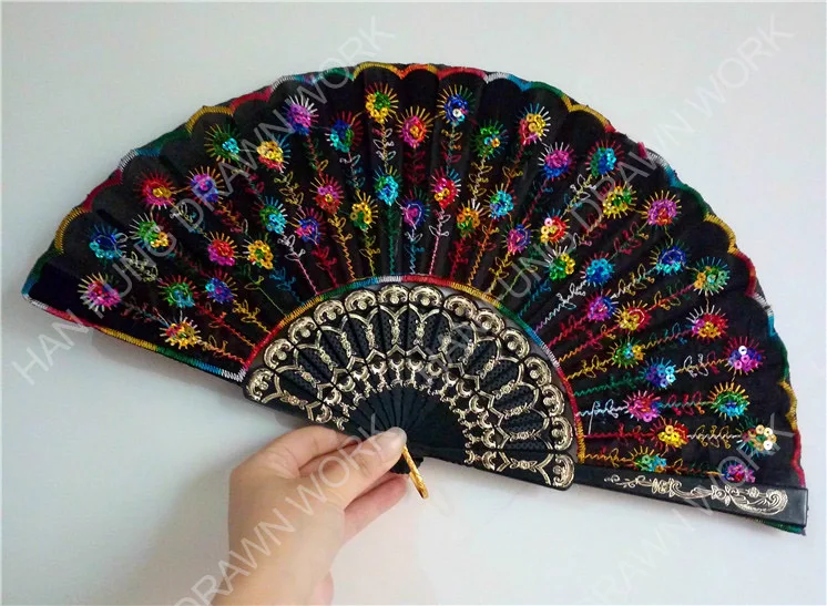 Вышитый ручной пластиковый складной Ручной Веер с блестками