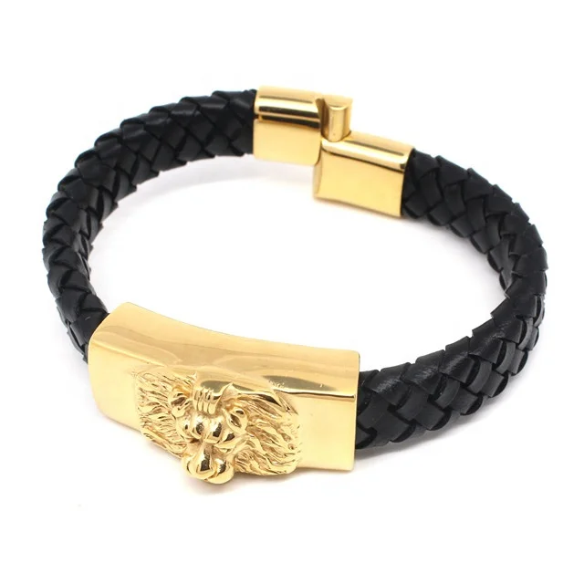 316l stainless steel lion head leather bracelet wholesale