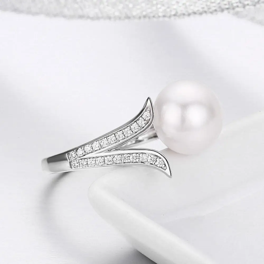 
BAGREER SCR248 New Fashion Designs Big Bead Pearl Opening Ring Pure Silver 925 CZ Stone Simple Adjustable Ring Women 