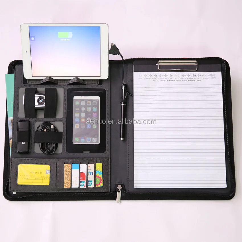 Wholesale Custom gift A4 conference leather file folder Zipper Padfolio with powerbank