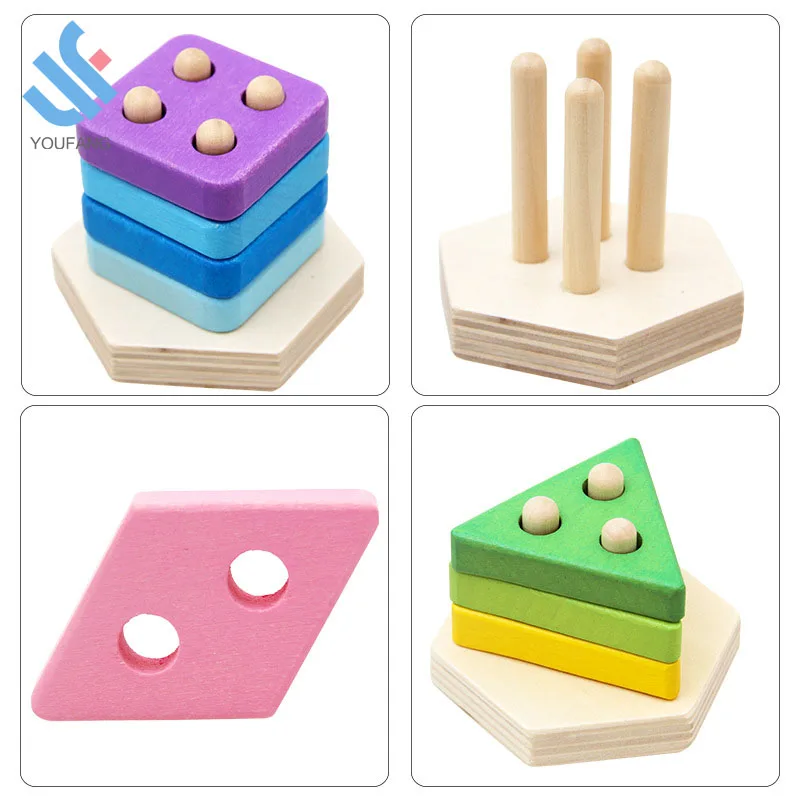 YF-Z6009 colorful wooden educational preschool toddler toys geometric shape color sorting puzzle stacking blocks toy
