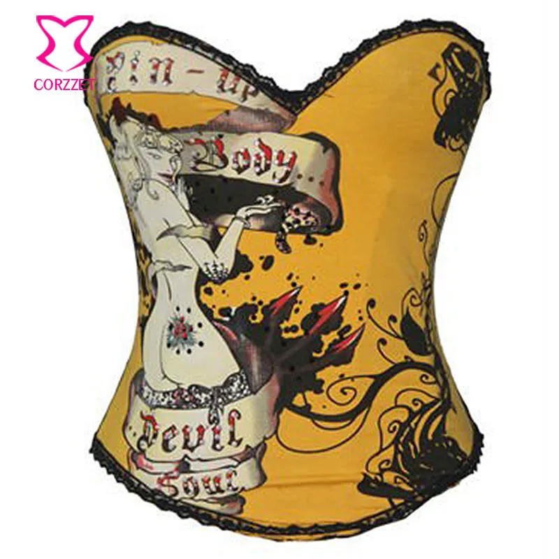 Burlesque Women Pin-Up Body Shaper Prints & Studded Cotton Bustier Sexy Corset Straps Espartilhos E Corpetes victorian corset