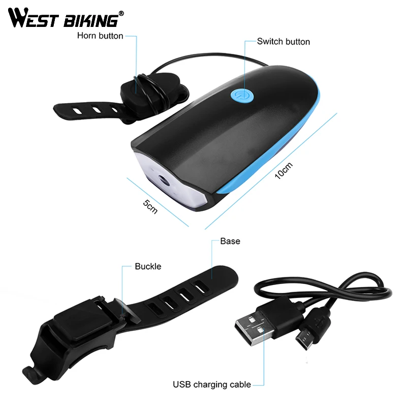 West Biking Cycling LED Head Light Waterproof Bicycle Lamp 120 DB Loud Horn Alarm Bell Warning Rechargeable LED Bike Front Light