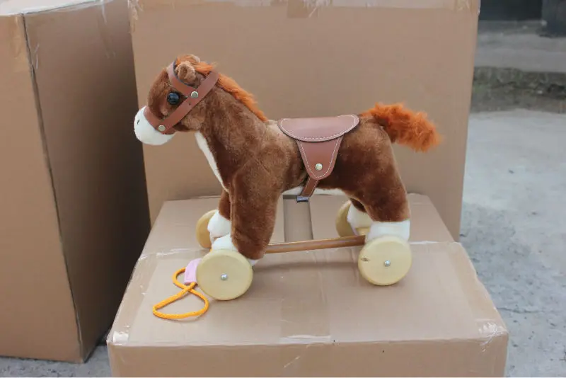 27*16*30cm promotional customized baby brown plush rocking horse toy with saddle&wheels