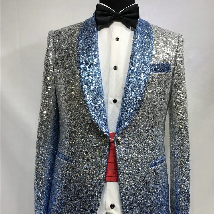 
Custom Made Blue Beaded suit Tuxedo Jacket and black pant Mens Stage Wearmens Tuxedos Wedding Plus Size 4XL 