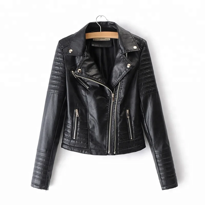 Quilted Slim Fit Black Women Synthetic Leather Jacket With Rivet