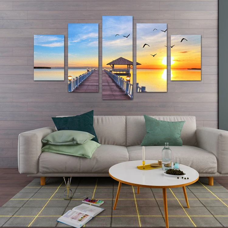 Sunset shore birds picture wall art painting 5 pieces wall stencils for painting