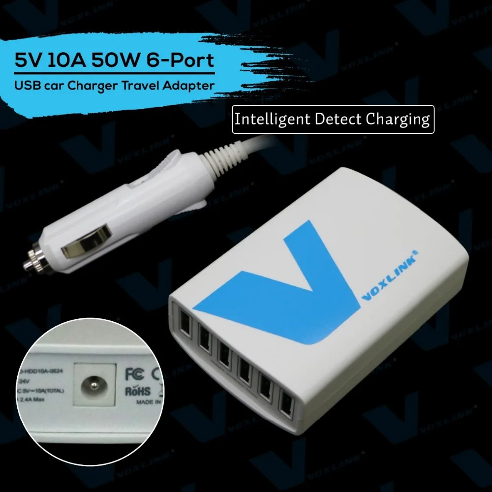 VOXLINK зарядное USB устройство переходник 6 портов для автомобиля 50Вт 5В 10А интеллектуальное обнаружение и зарядка, белое