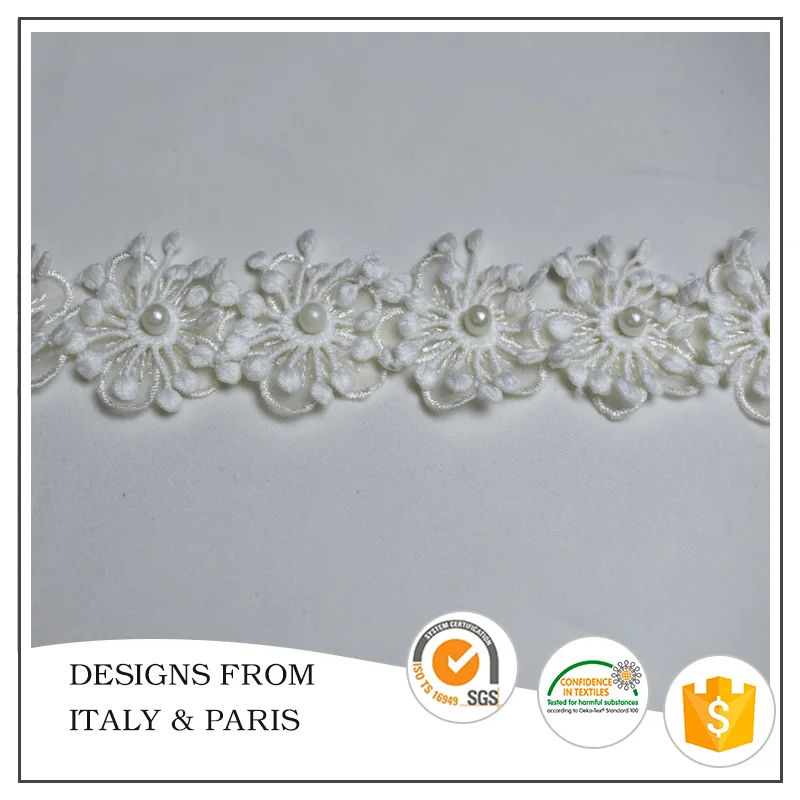 Free Sample Customized Designs 4.5cm Pearl Flower Lace Trim for Clothing