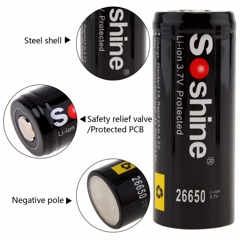 2 Pcs / Lot Soshine 26650 Battery 5500mAh 3.7V 26650 Protected Rechargeable Li-ion Batteries Cell PCB 26650 Battery